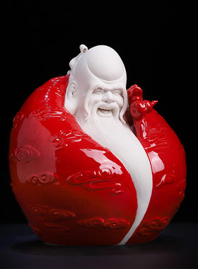 戴玉堂徐才提陶瓷摆件《富贵长寿红上釉》送老人长辈寿礼生日礼物