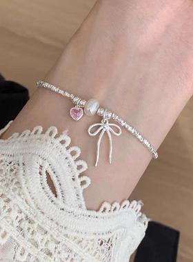 999纯银甜美少女粉色爱心蝴蝶结