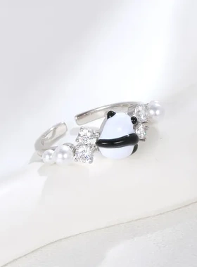 锆石不掉色指环黑白开口戒指食指戒高级女轻奢熊猫可调节珍珠小众