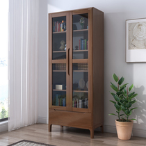 Nordic Solid Wood Bookcase Floor Home Dust Resistant Two Doors Bookcase Glass Door Shelve Minimalist Containing Cabinet Bookcase