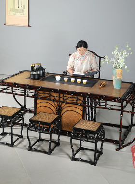筇竹家具鼓形茶海桌泡茶鼓桌套装