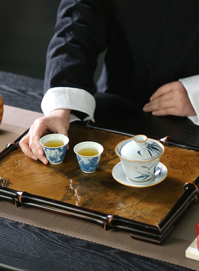 筇竹岩石茶盘大漆茶台崖石竹托盘