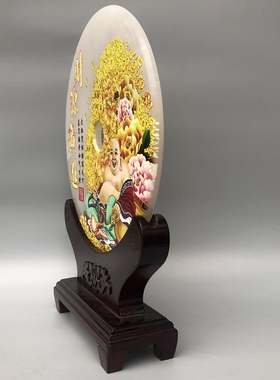 古玩古董玉器收藏品 阿富汗白玉彩绘玉璧摆件 财源广进平安扣玉雕
