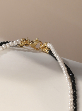 贝珠项链黑色水晶双链黑白项链珍珠水晶项链气质珍珠项链水晶