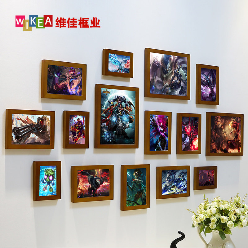 网吧实木照片墙 LOL英雄联盟墙上相片墙游戏