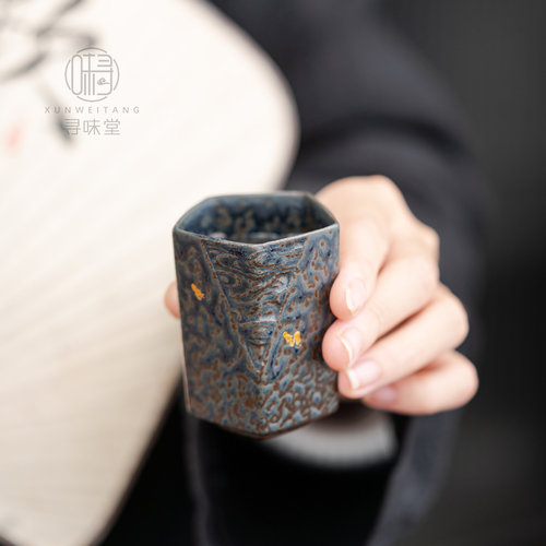 孔雀蓝老岩泥粗陶品茗杯｜复古窑变描金茶杯茶盏中式陶瓷功夫茶具 - 图2