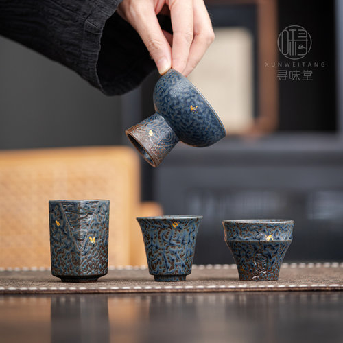 孔雀蓝老岩泥粗陶品茗杯｜复古窑变描金茶杯茶盏中式陶瓷功夫茶具 - 图0