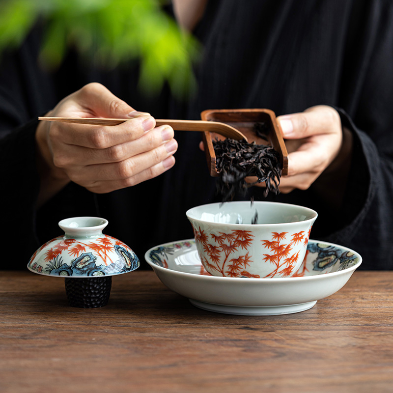 仿古泥斗彩三才盖碗｜复古满彩泡茶碗釉下彩青龙狮戏陶瓷功夫茶具