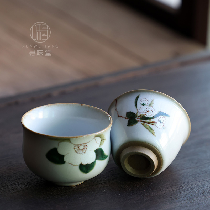 月白汝窑山茶花茶杯｜品茗杯主人杯仿古开片汝瓷单杯家用功夫茶具 - 图0