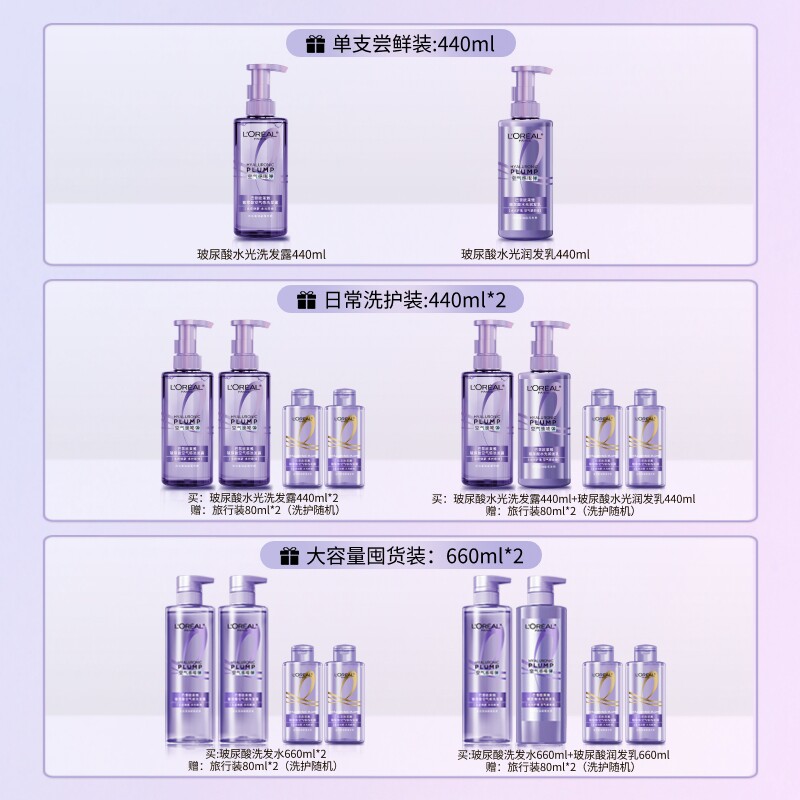 【618立即抢购】欧莱雅玻尿酸洗发水护发素洗护套装蓬松清爽控油