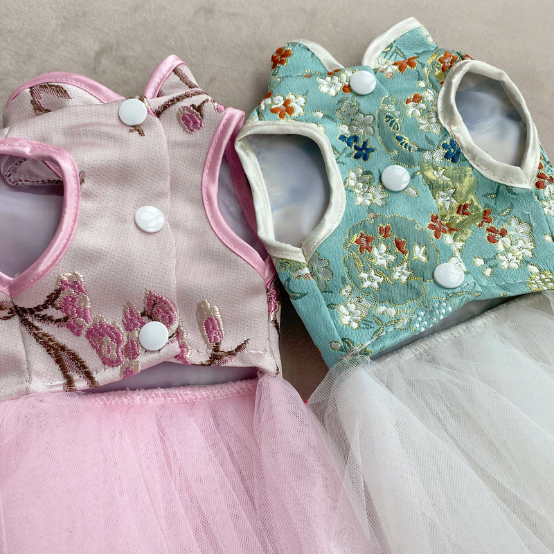 荷塘月色连衣裙 宠物衣服狗狗服装改良旗袍新式唐装秀禾喜庆节日 - 图1