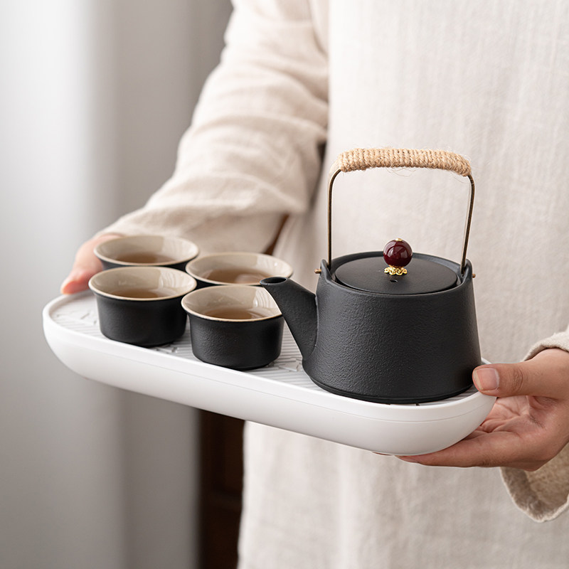 Xiangxing Black Pottery Travel Tea Set Portable Outdoor Camping Ceramic Teapot One Pot Four Cups Drinking Tea Tray