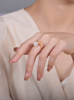 玉匠人S925银镶天然和田玉古法樱花戒指女款四季经典百搭直播爆款