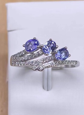 蓝紫色天然坦桑石戒指925银开口戒女生夏日小清新风戒指首饰