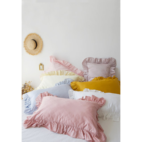 蜗牛塔｜手工抽褶荷叶边枕套 60支纯棉全棉贡缎花边木耳边枕套 - 图1