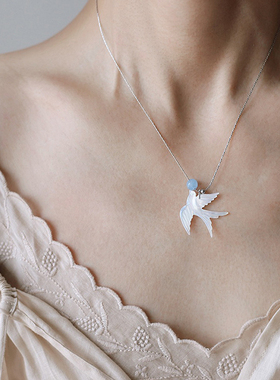 不褪色新中式天然白母贝凤鸟衔珠玛瑙水晶项链超仙气质国风锁骨链