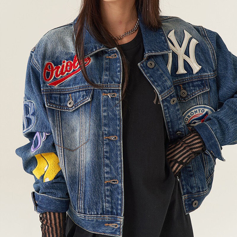 MLB女装2022春季新款贴标NY宽松休闲短款牛仔服外套夹克3FDK02014_虎窝淘