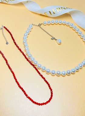 S925银倪妮高叶同款串珠锁骨链贝壳珍珠项链气质高级感叠戴红尖晶