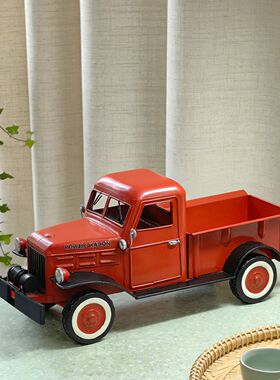 怀旧红色复古美式卡车红色小货车模型装饰品摆件铁艺汽车饰品