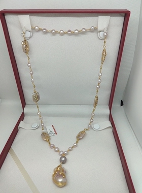 天然巴洛克珍珠毛衣链女款Y型手工绕线镀金轻奢秋冬配饰项链