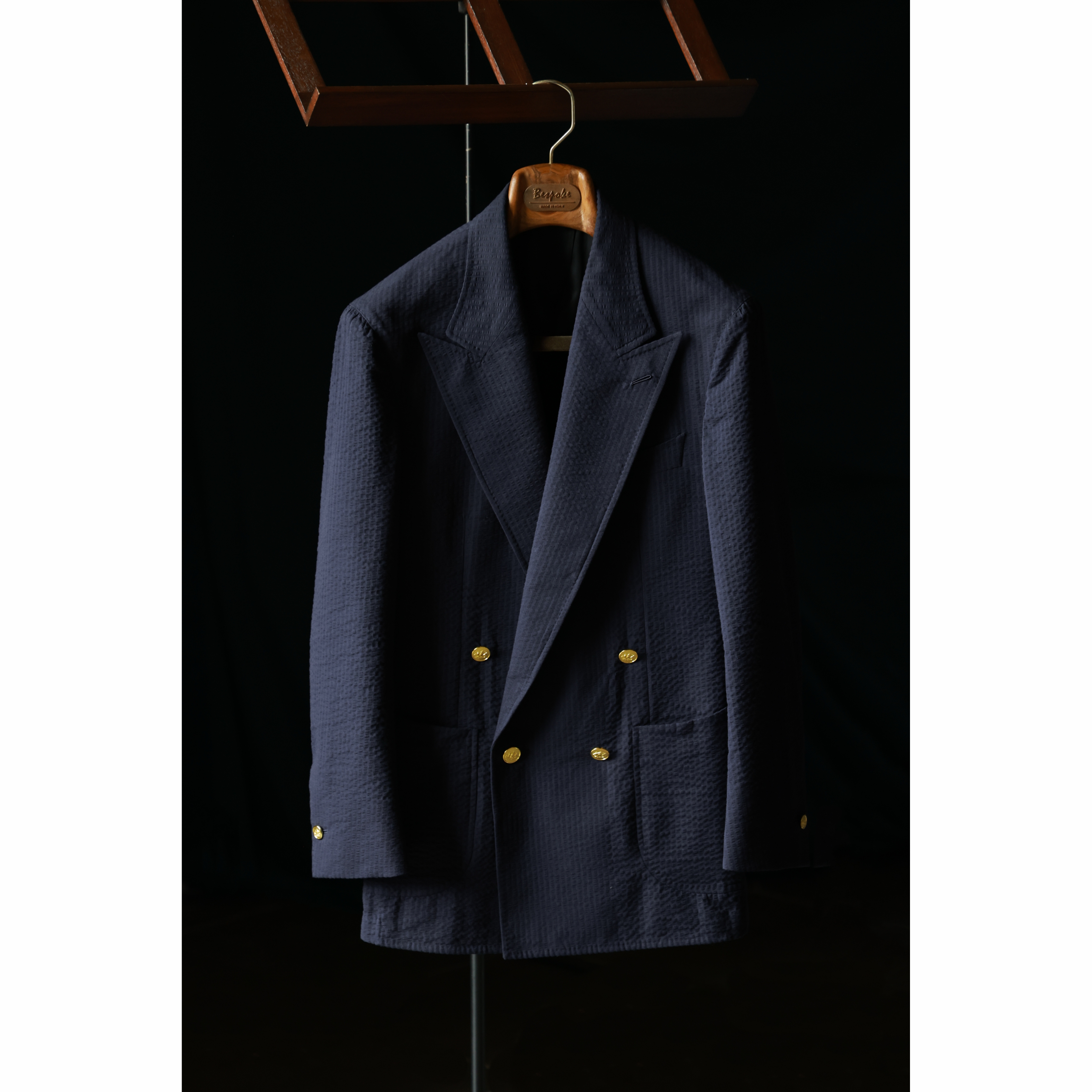 UGENTLE 高定半麻衬 泡泡纱「暮海蓝」米兰眼 双排4扣1布雷泽西服 - 图3