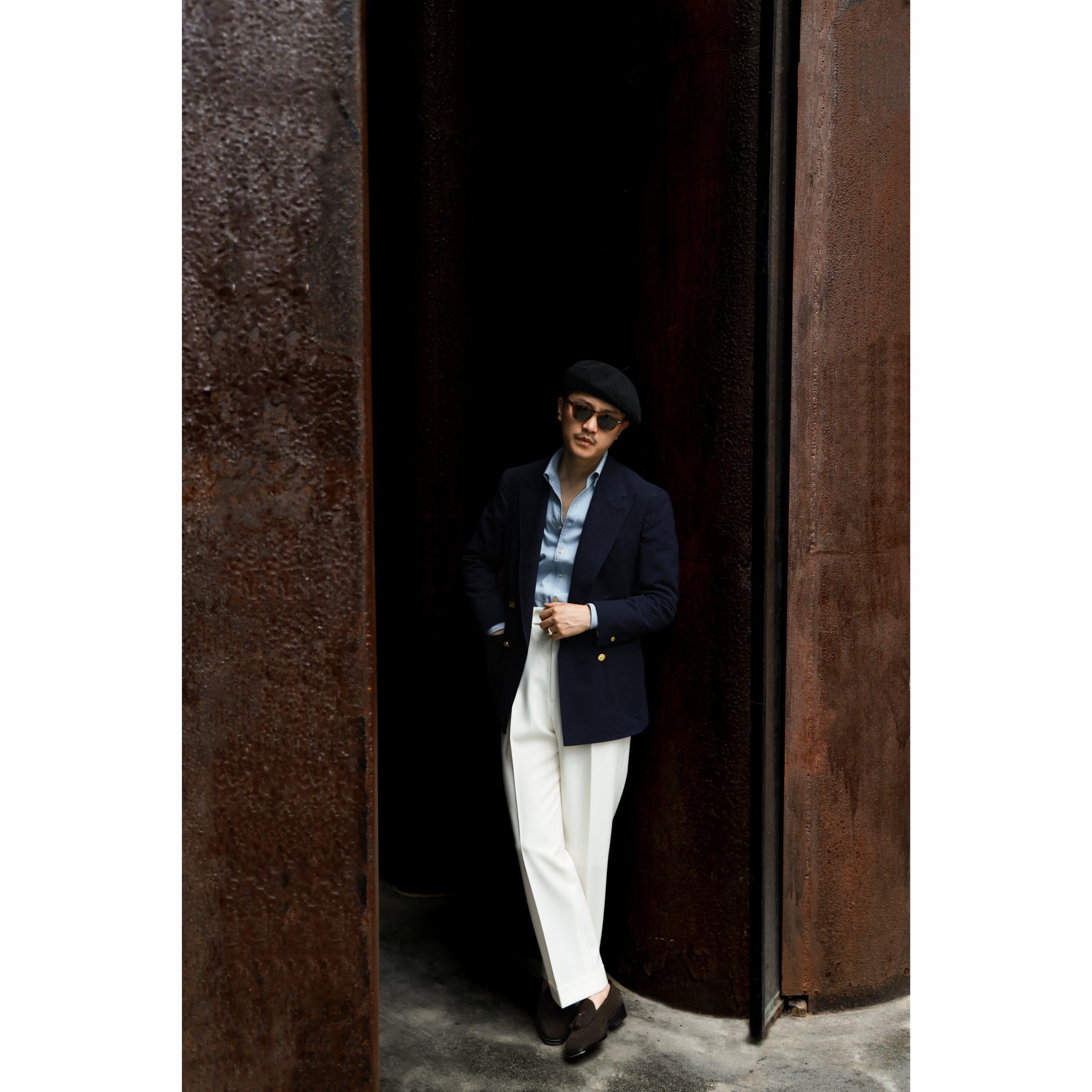 UGENTLE 高定半麻衬 泡泡纱「暮海蓝」米兰眼 双排4扣1布雷泽西服 - 图2