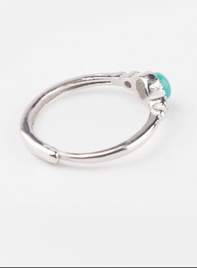 天然原矿绿松石镶嵌纯银925戒指少女清新甜美银饰