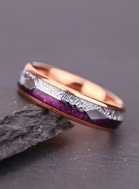 2025新款情侣 钨钢戒指电镀18K玫瑰金镶嵌陨石和天然紫玛瑙轻奢