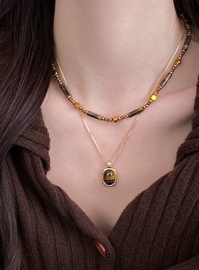 虎眼石双层叠戴毛衣链女复古新款爆款秋冬项链小众高级感饰品配饰