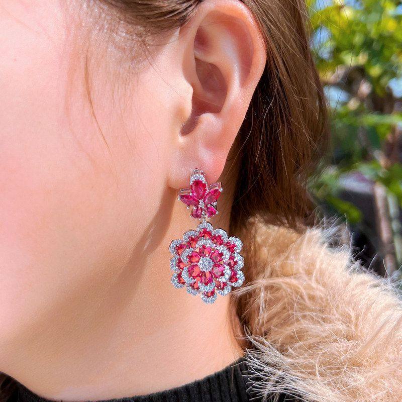 s925银针轻奢小众设计双层花卉仿真红刚玉耳饰时尚大气锆石耳环,淘宝优惠券,粉丝福利购,淘宝优惠卷