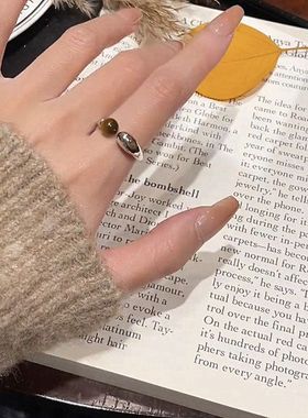 爆款美拉德虎眼石银色戒指女轻奢高级感复古开口叠戴食指戒指环