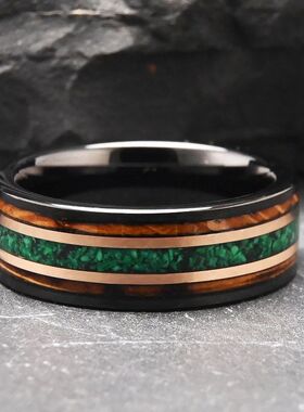 8宽钨钢电双色镶绿欧泊酒桶木戒指钨金男士戒指一件代发跨境热卖