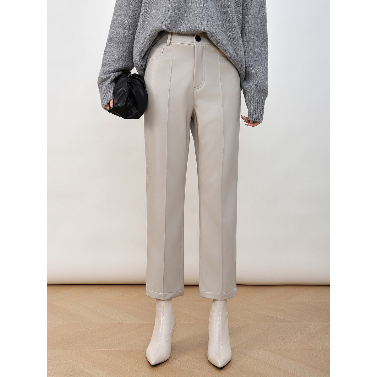 Mooelpom2025秋冬新款中缝直筒九分皮裤女显瘦百搭中腰蛋白皮裤子,淘宝优惠券,粉丝福利购,淘宝优惠卷