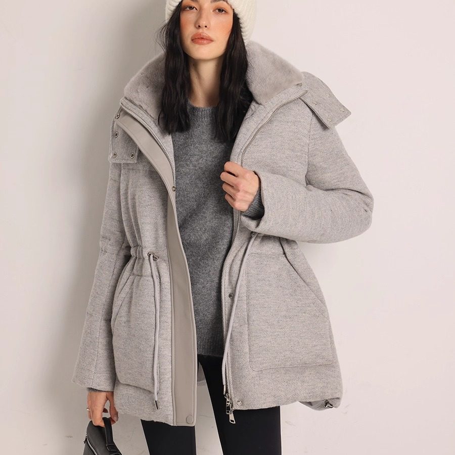 Deessesicile高级灰水貂绵羊皮拼接连帽鹅绒外套抽绳中长款羽绒服,淘宝优惠券,粉丝福利购,淘宝优惠卷