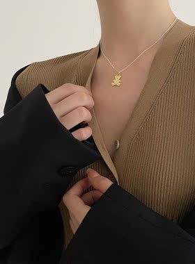 韩国925纯银小熊印花项链可爱动物时尚老花锁骨链撞色亮银毛衣链