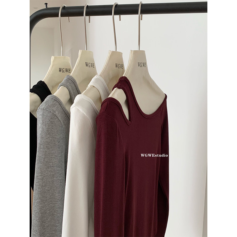 2024秋季不规则露肩长袖T恤女设计感小众修身内搭打底衫洋气上衣,淘宝优惠券,粉丝福利购,淘宝优惠卷