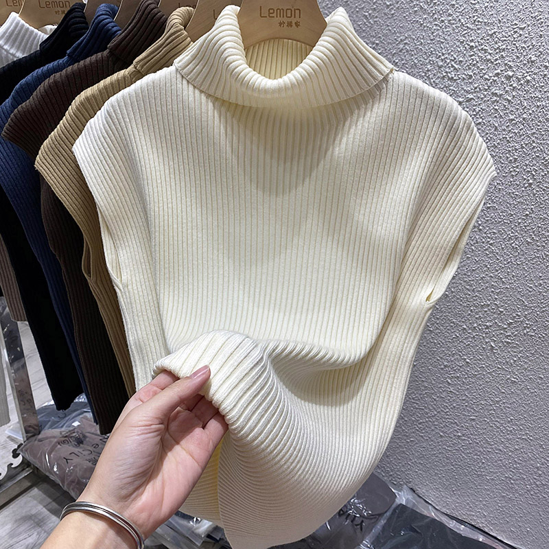 无袖高领针织衫女秋冬内搭洋气套头加厚短袖上衣外穿毛衣马甲背心 - 图0