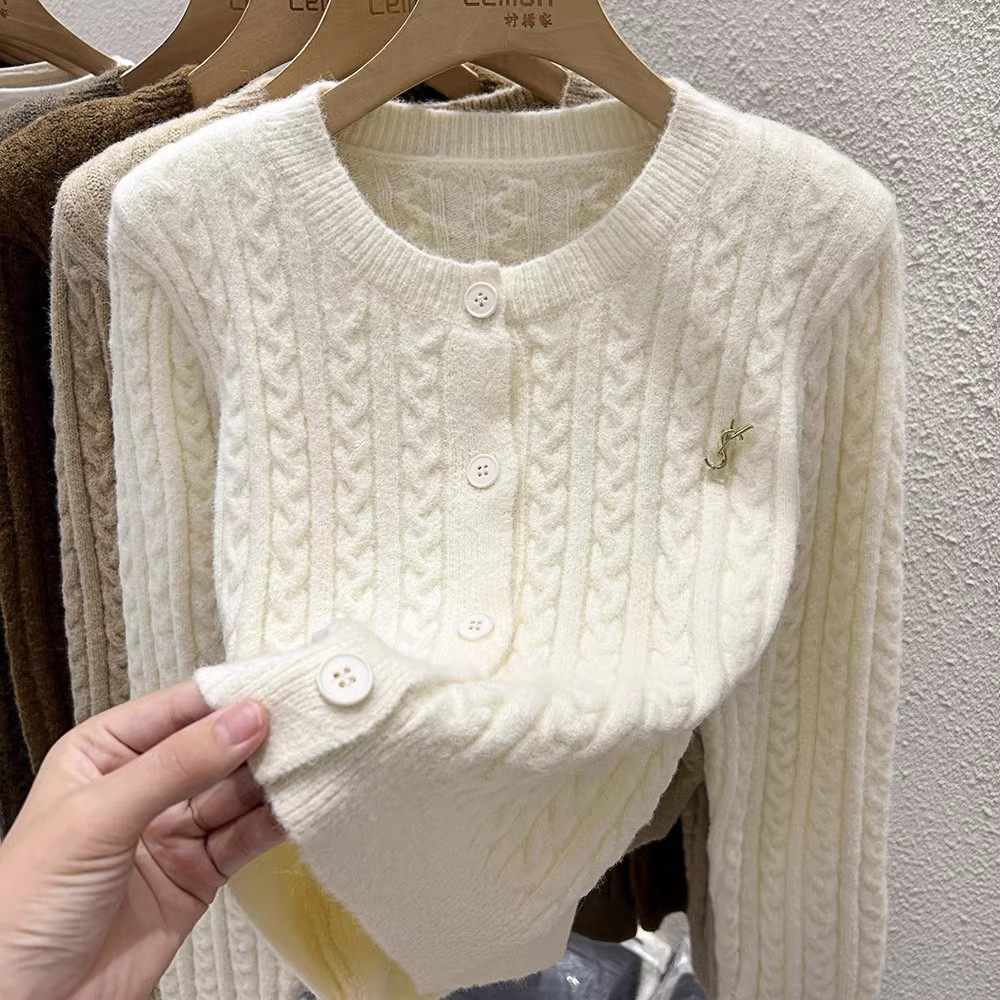 2023秋冬圆领法式毛衣女外套设计感小众长袖加厚麻花针织开衫上衣,淘宝优惠券,粉丝福利购,淘宝优惠卷