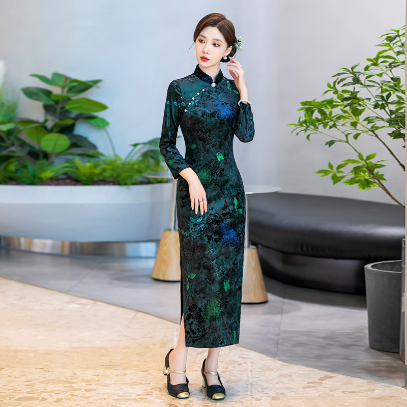日常国潮风新中式旗袍绿色修身显瘦高端妈妈时尚春秋款改良连衣裙 - 图0