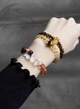 【日照金山】天然6mm黄水晶+10mm虎眼石双圈手链男女同款手链