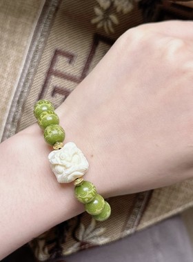 【灵隐 醒狮】原生态青绿菩提根六字箴言醒狮跑环单圈文玩手串