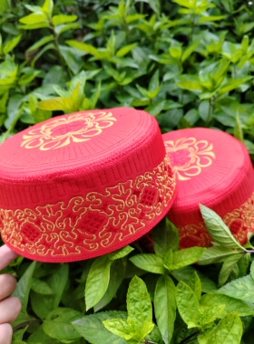 回族新款红色男帽高档婚庆绣花结婚平顶民族帽子帽深7.5cm