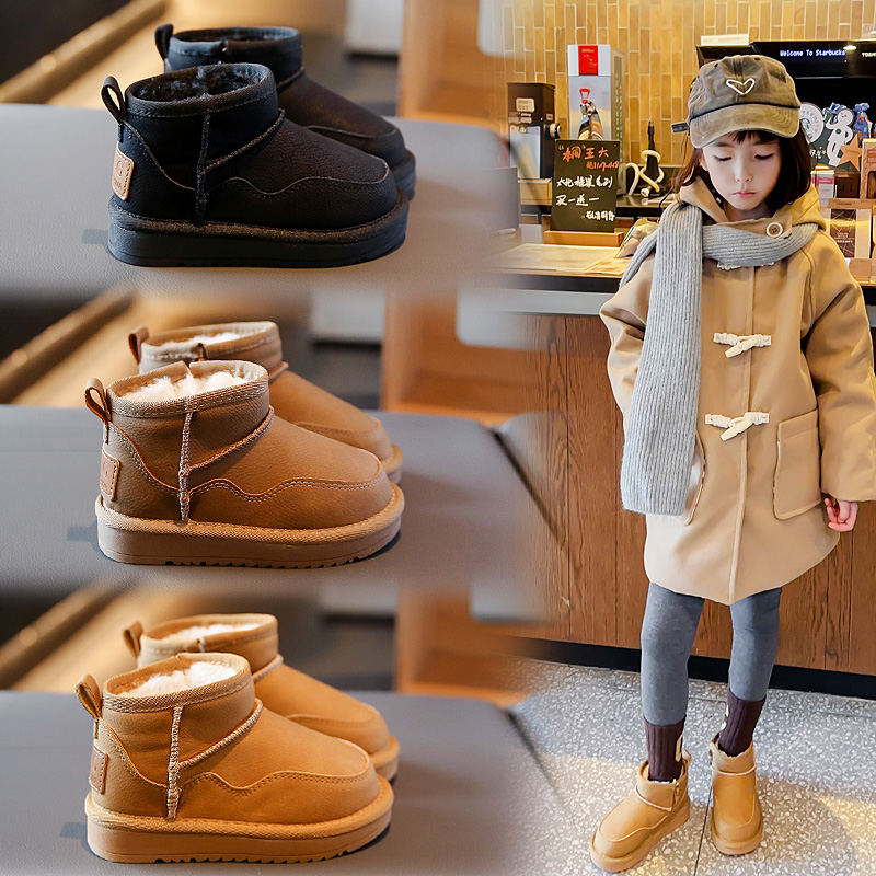 儿童加绒加厚保暖雪地靴2023年冬季新款女童棉靴韩版男童防水短靴-图0