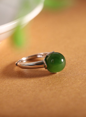 人品银品 轻奢风女式925银镶和田碧玉戒指 时尚通勤开口指环