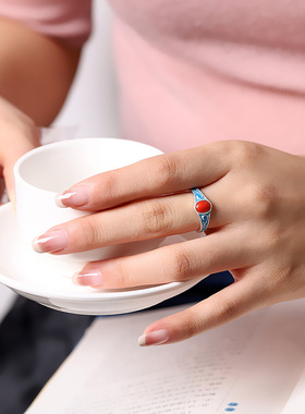 人品银品 时尚国风s925银饰品女式 南红玛瑙低温烧蓝戒指开口指环