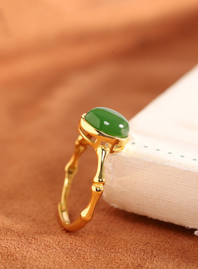 人品银品 时尚小清新手饰s925银女式竹节和田碧玉戒指 开口指环
