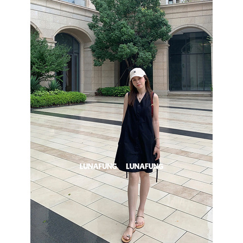LUNAFUNG冯下文·轻奢无袖连衣裙女夏季v领全棉A字版型少女背心裙 - 图0