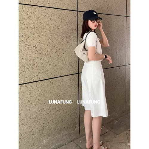 LUNAFUNG 冯下文白色高腰A字半身裙女全棉显瘦学院风韩版八奶裙子 - 图1