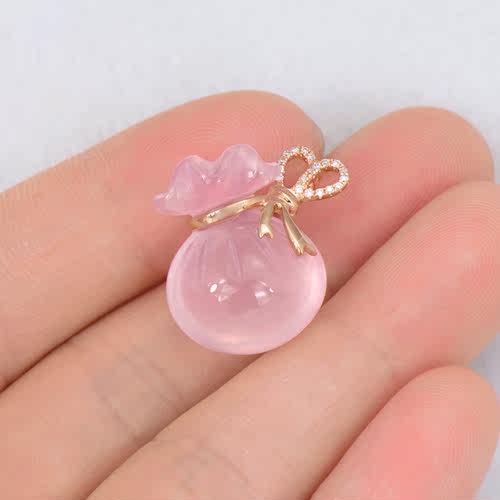 特价！18K玫瑰金镶钻石18.50克拉天然粉红色芙蓉石福袋钱袋吊坠 - 图3