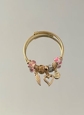 潘家DIY串珠手镯天使之翼爱心手环不锈钢可调节爱心吊坠闺蜜手环